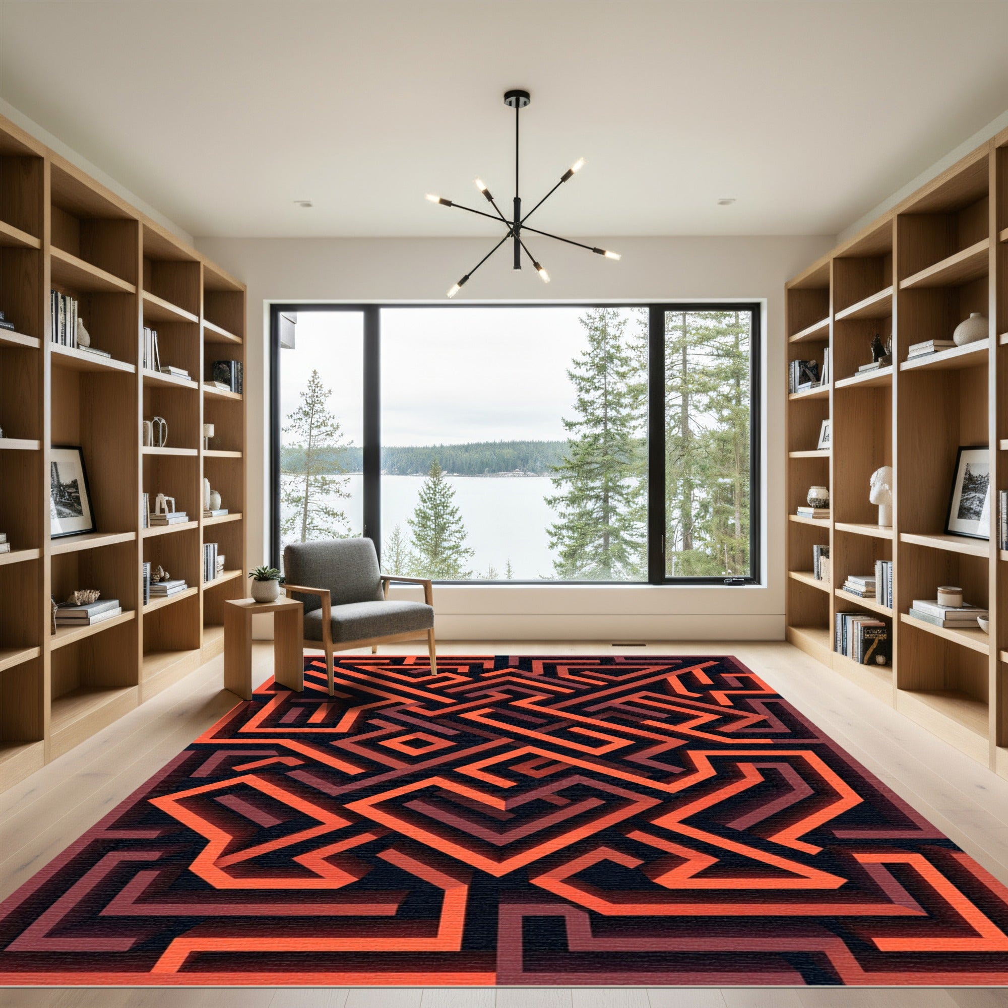 Orange Red Geometric Maze Labyrinth Rug