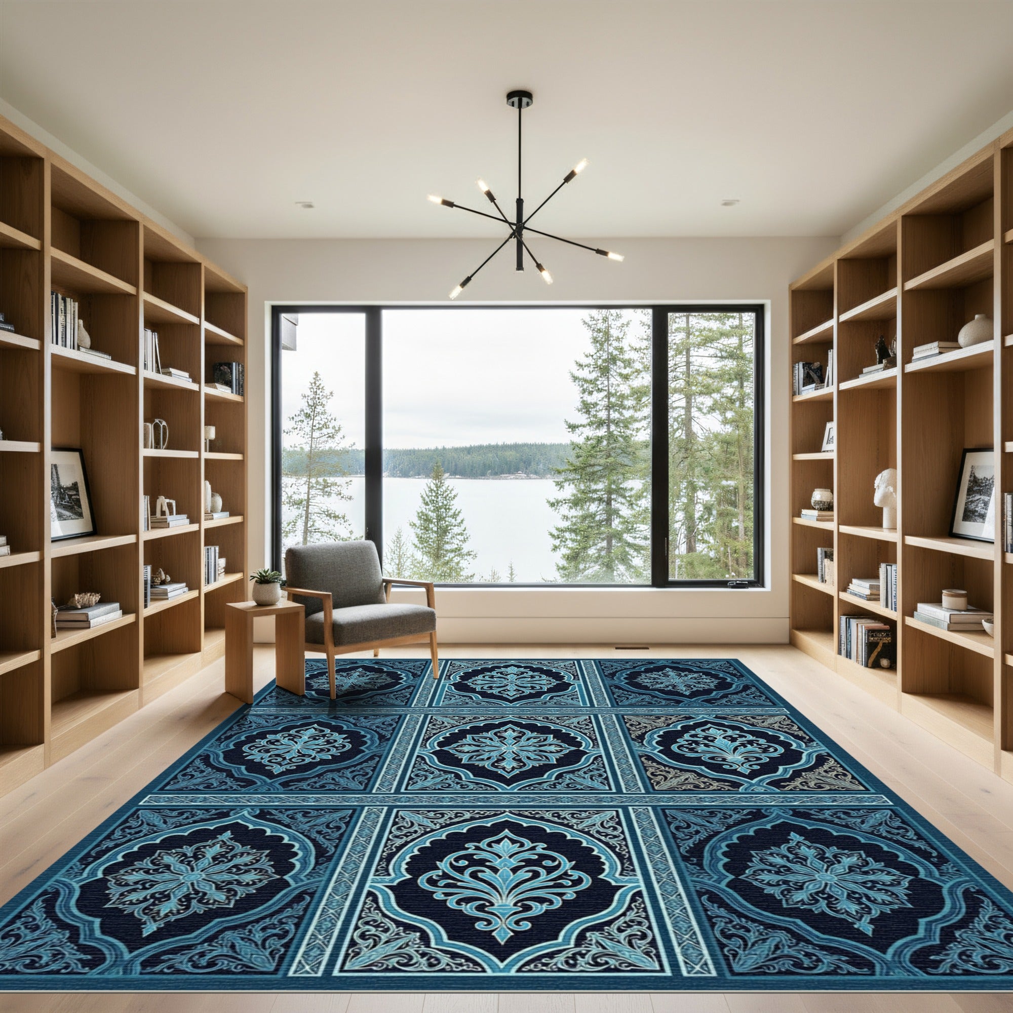Ornate Navy Blue Floral Damask Tile Rug