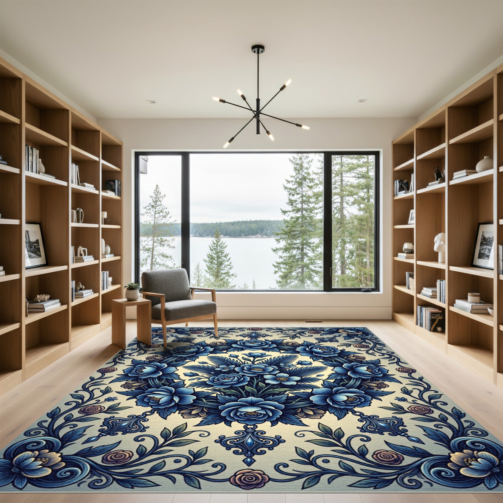 Rich Blue Floral Garland Frame Rug
