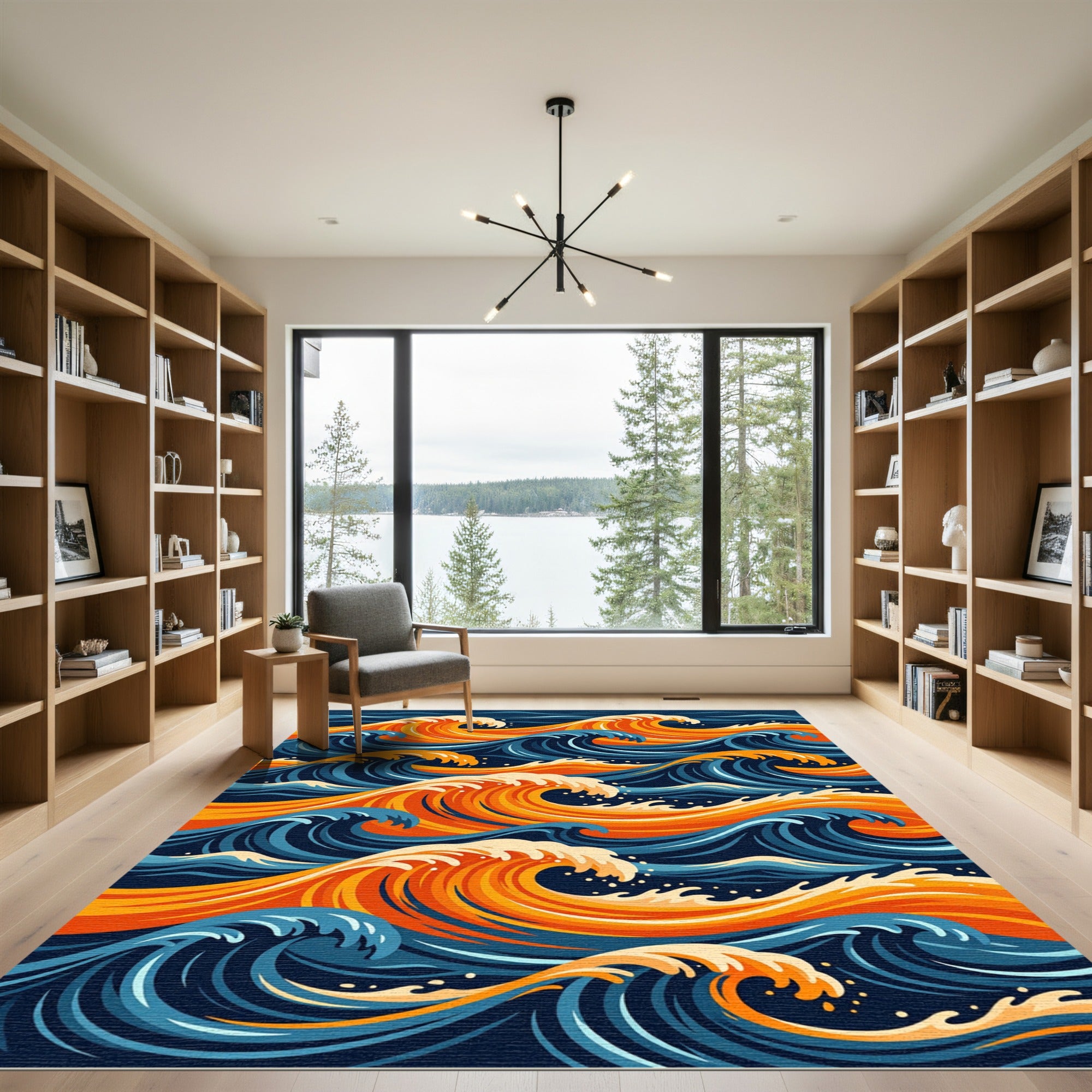 Vibrant Golden Blue Oceanic Wave Rug