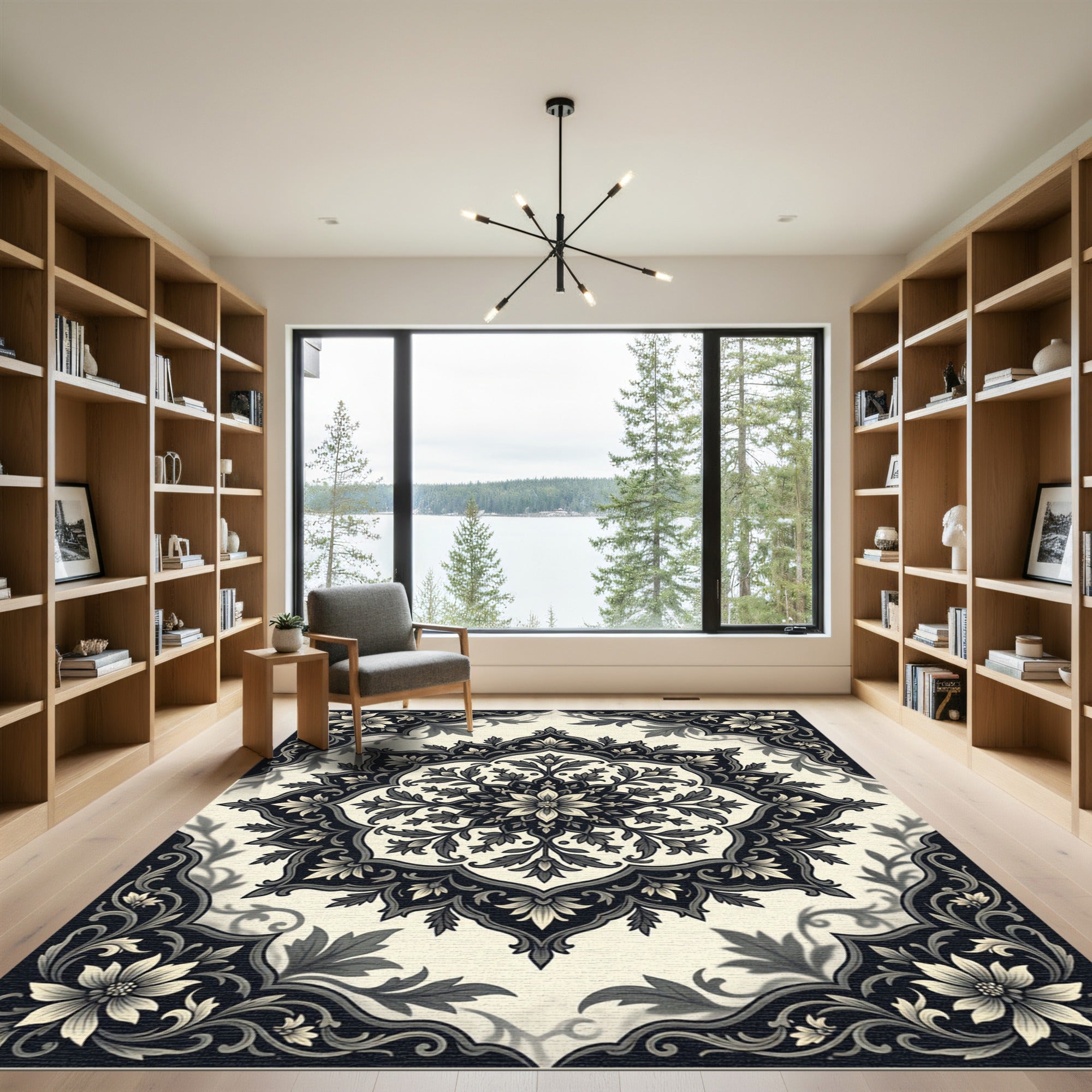 Elegant Monochrome Floral Medallion Square Centerpiece Rug
