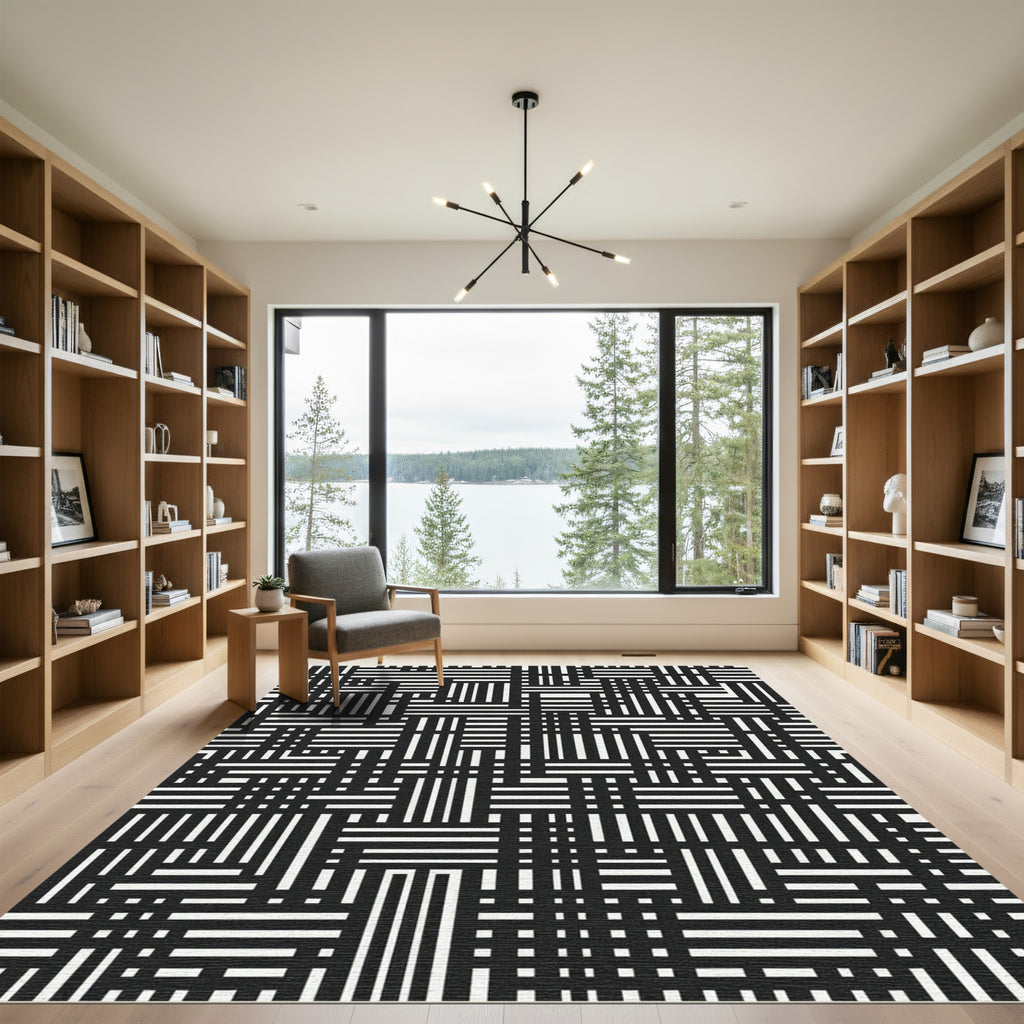 Monochrome Abstract Intersecting Line Art Rug