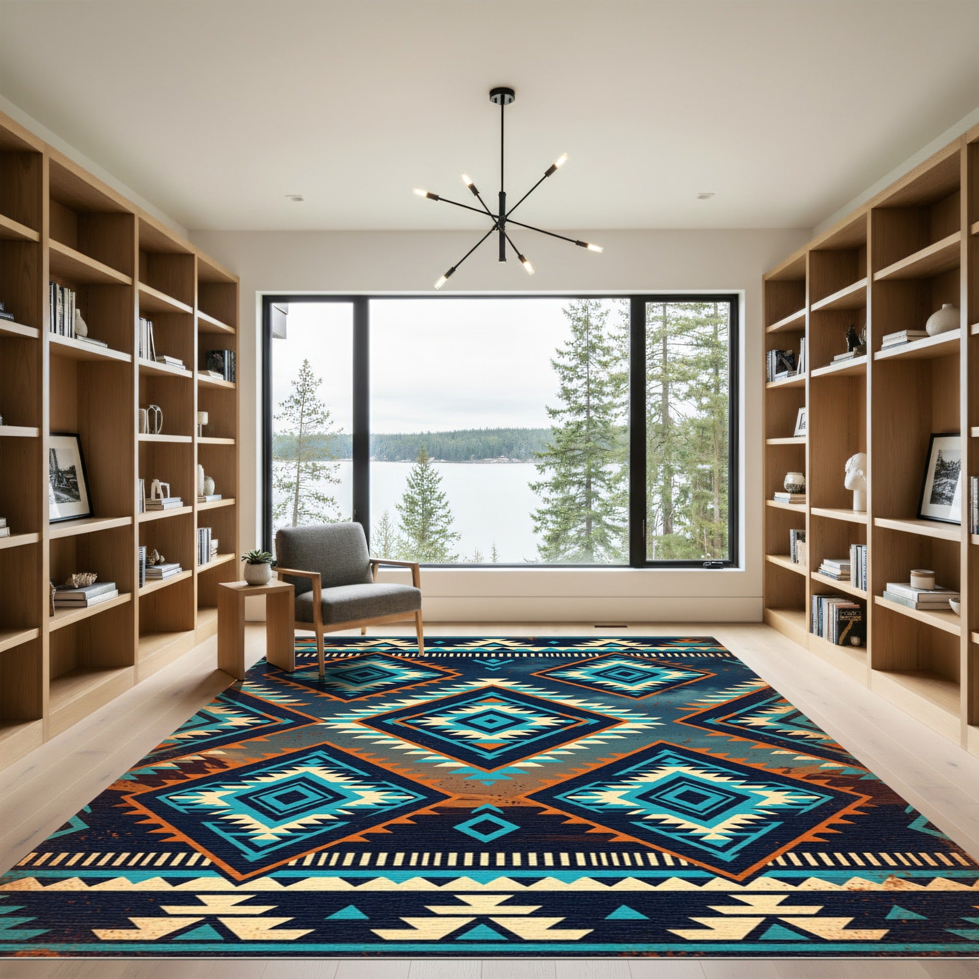 Deep Blue Orange Diamond Tribal Rug