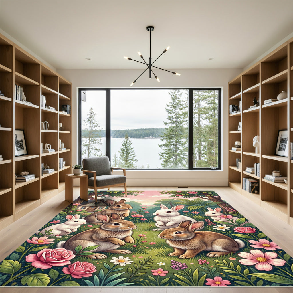 Whimsical Pastel Meadow Bunny Garden Rug