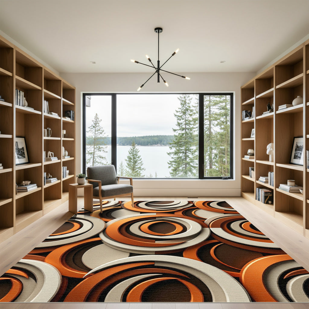 Abstract Copper and Cream Geometric Swirl Rug