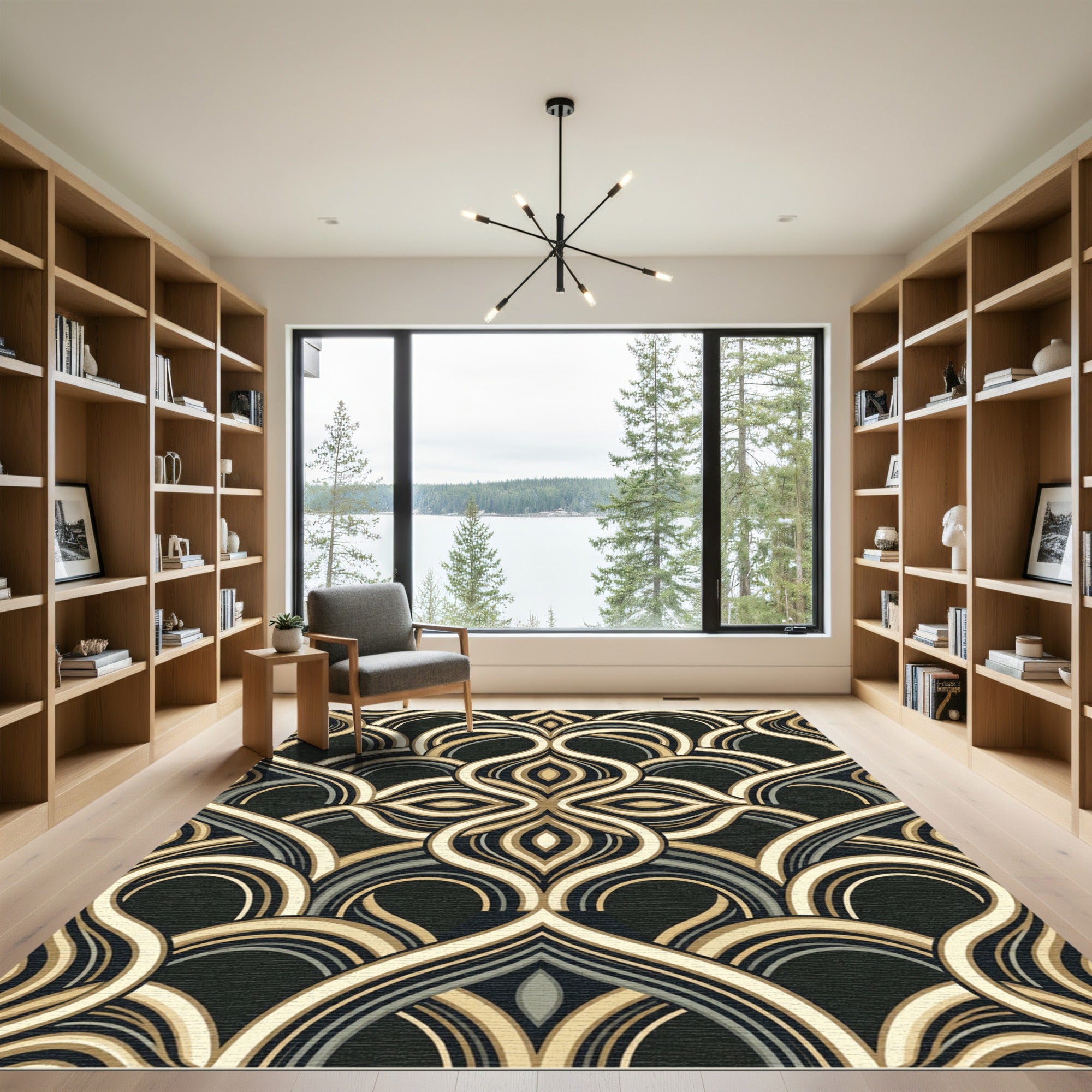 Art Deco Gold and Black Swirl Rug