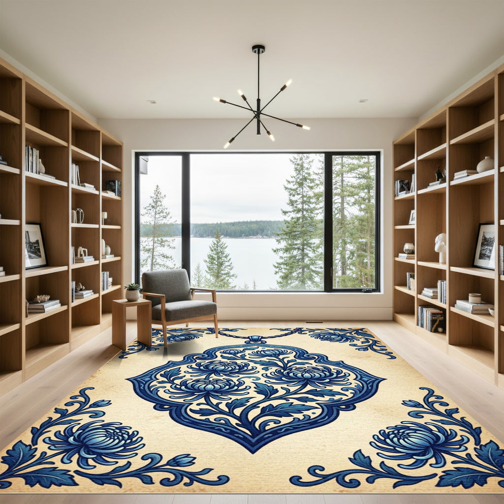 Artistic Blue Chrysanthemum Scrollwork Rug