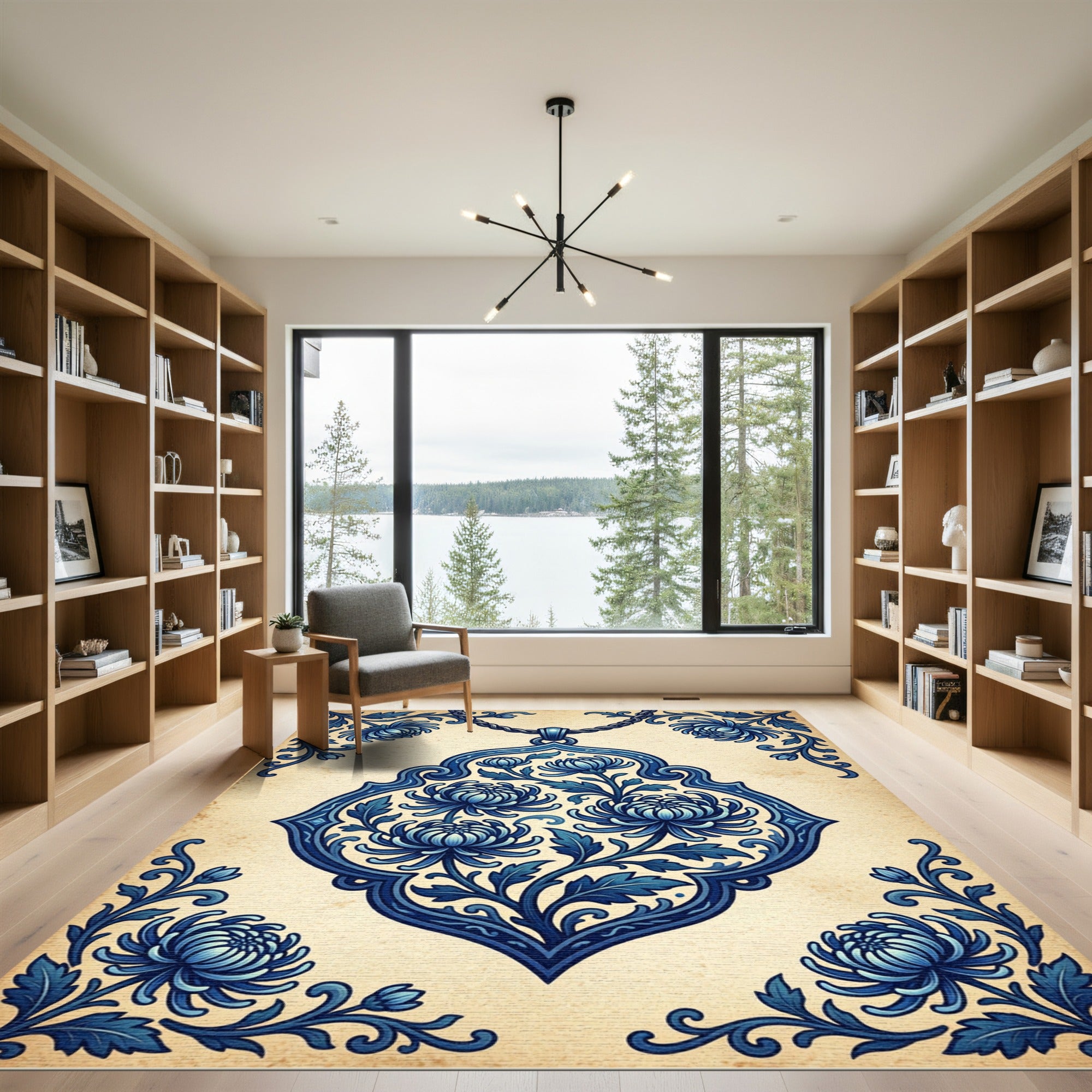 Artistic Blue Chrysanthemum Scrollwork Rug