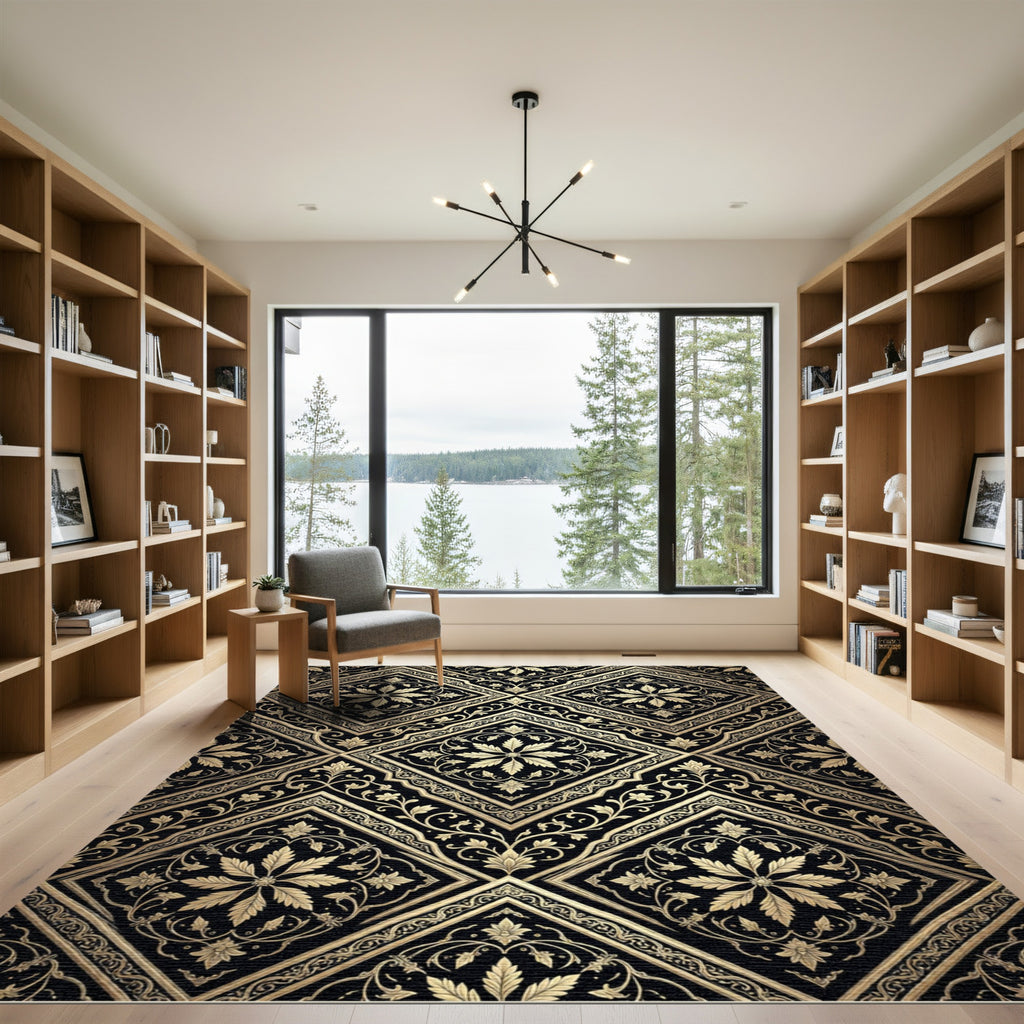 Black Gold Floral Medallion Damask Rug