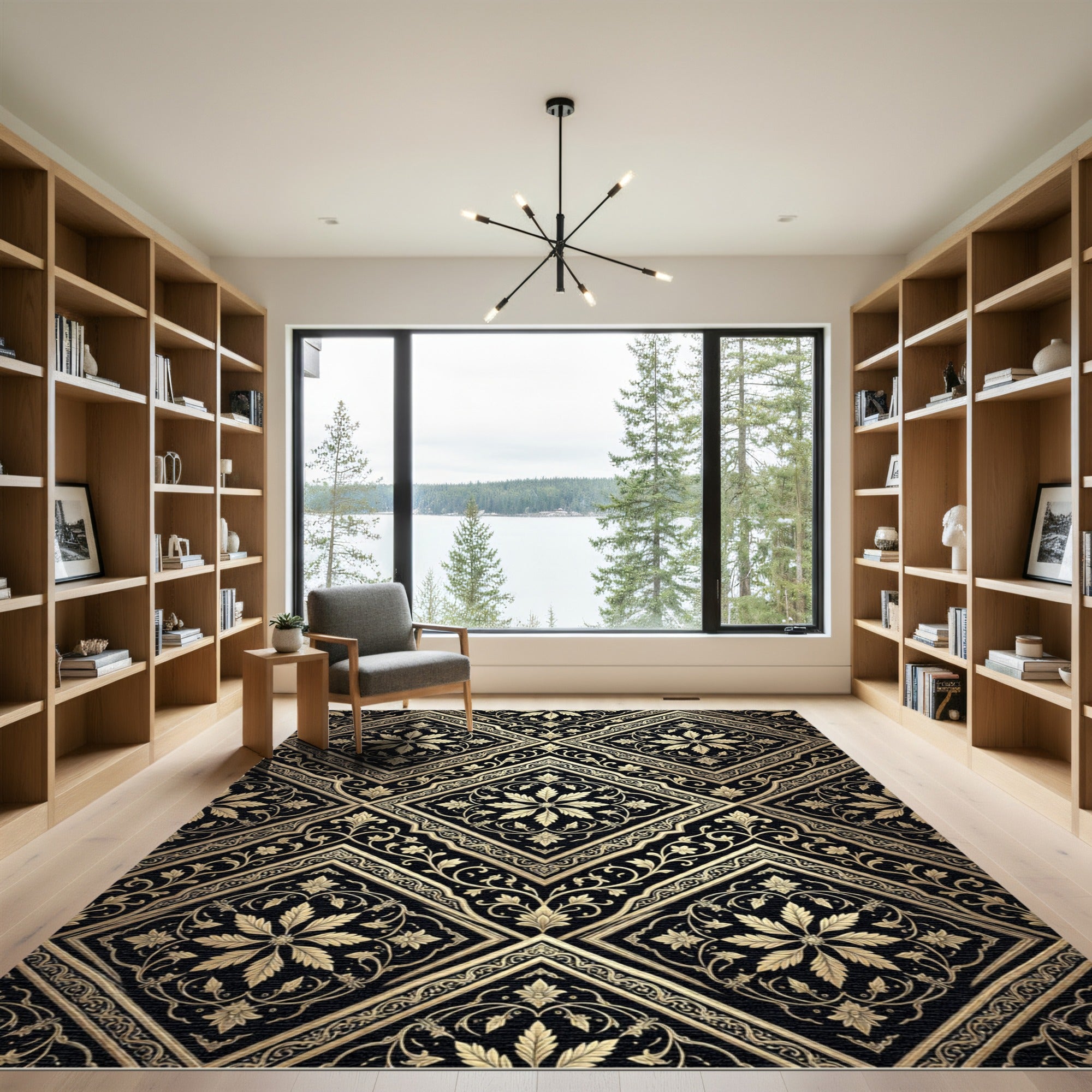 Black Gold Floral Medallion Damask Rug