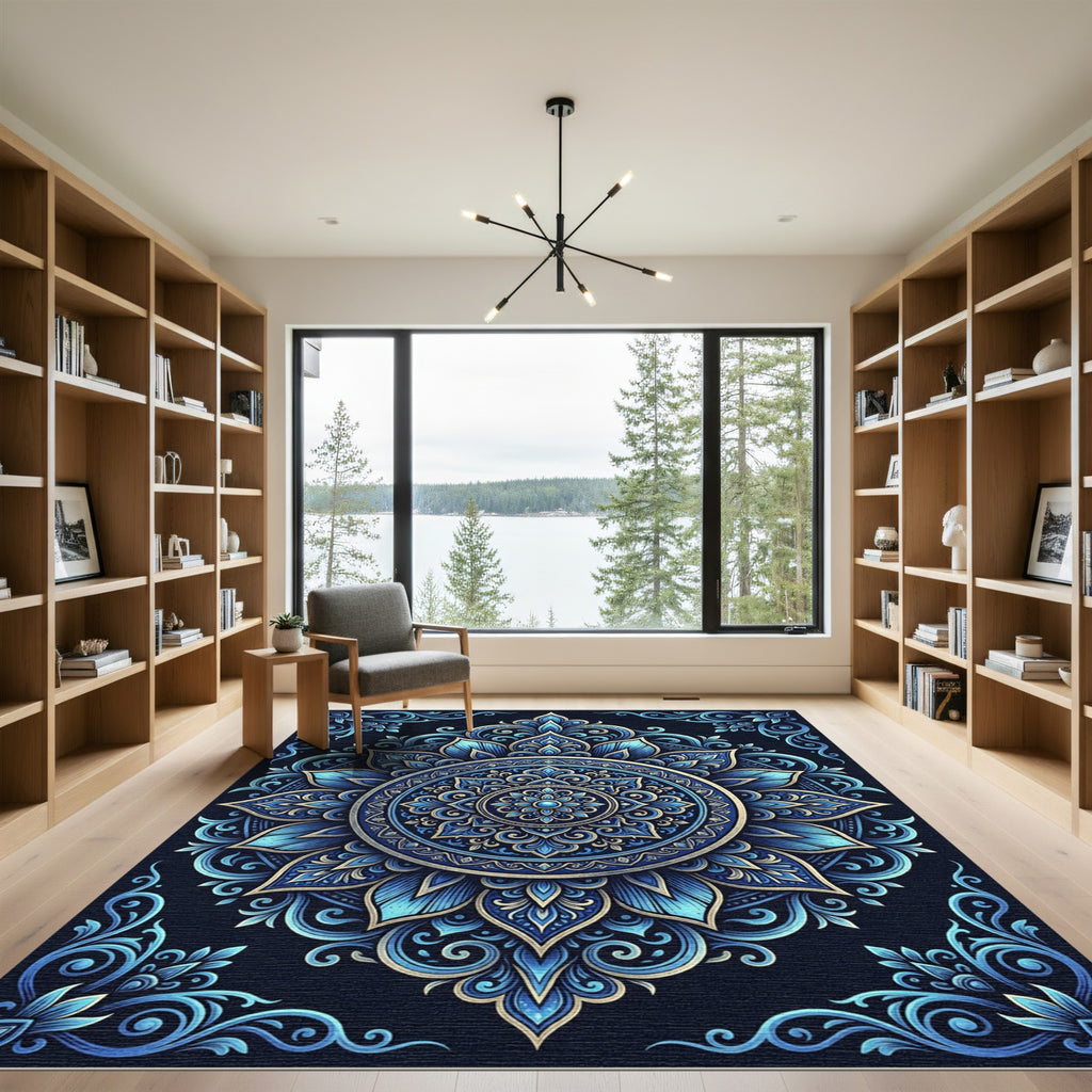 Intricate Blue Golden Mandala Floral Rug