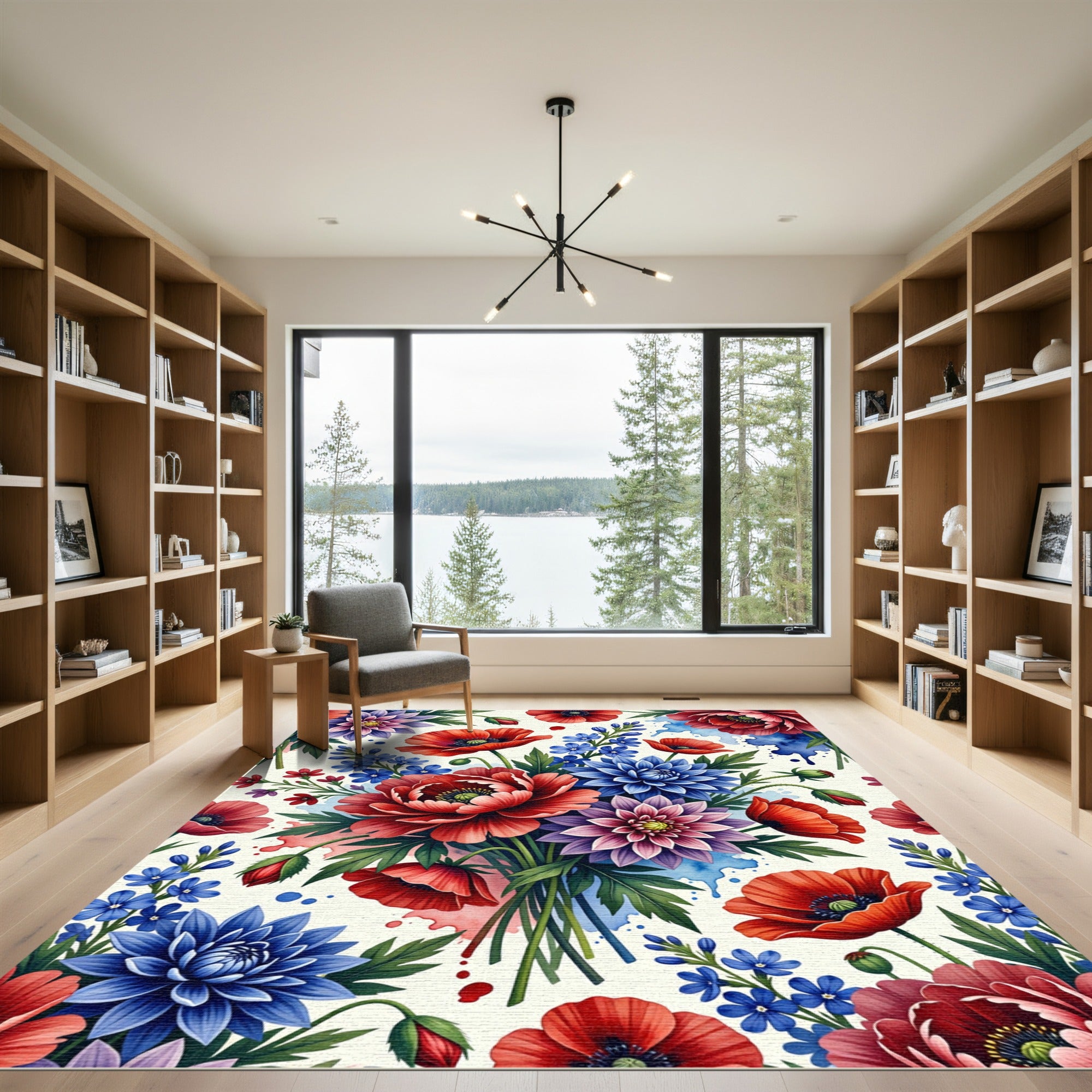 Vibrant Poppy and Dahlia Watercolor Bouquet Rug