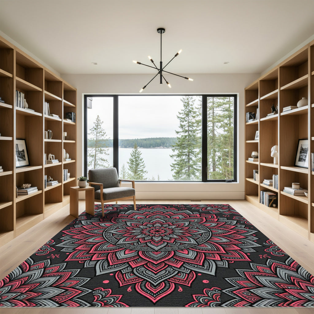 Pink and Grey Floral Mandala Symmetry Rug