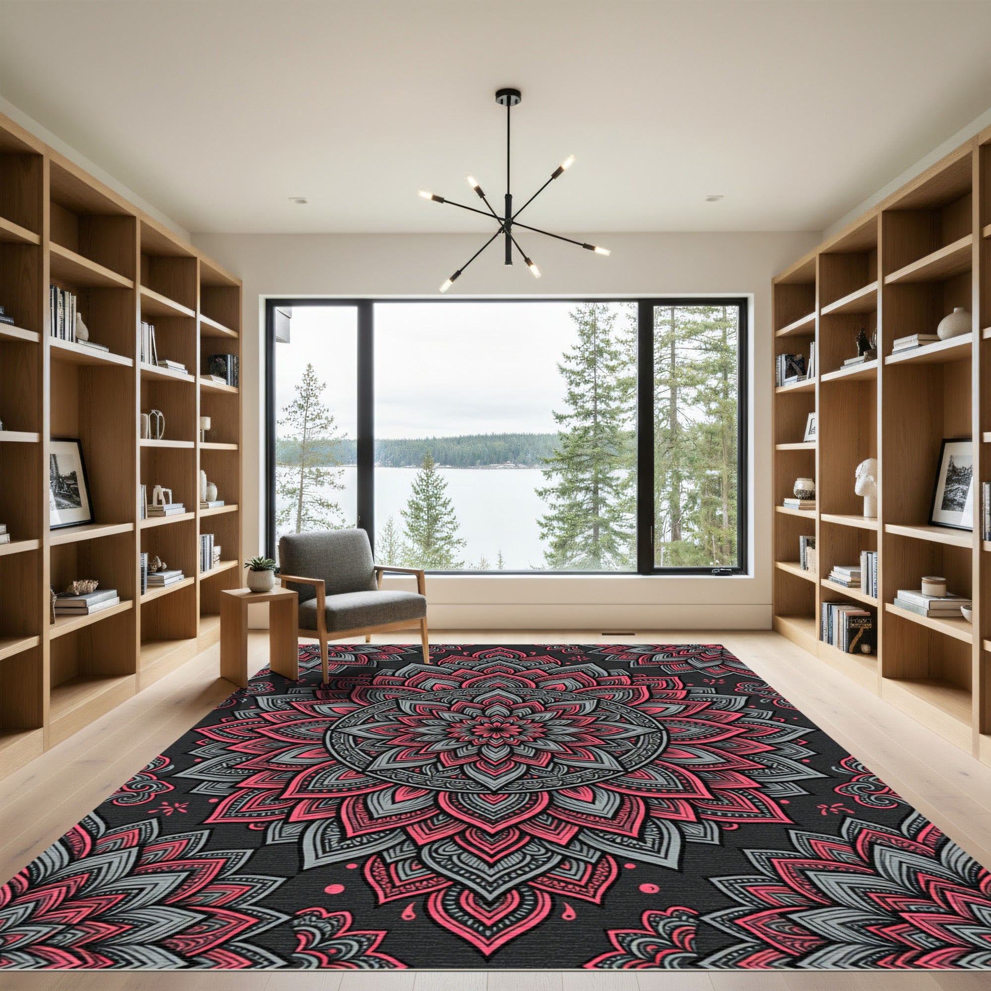 Pink and Grey Floral Mandala Symmetry Rug