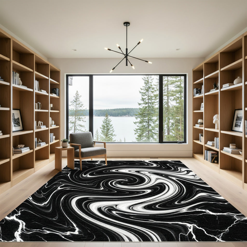 Black White Swirling Marbled Rug