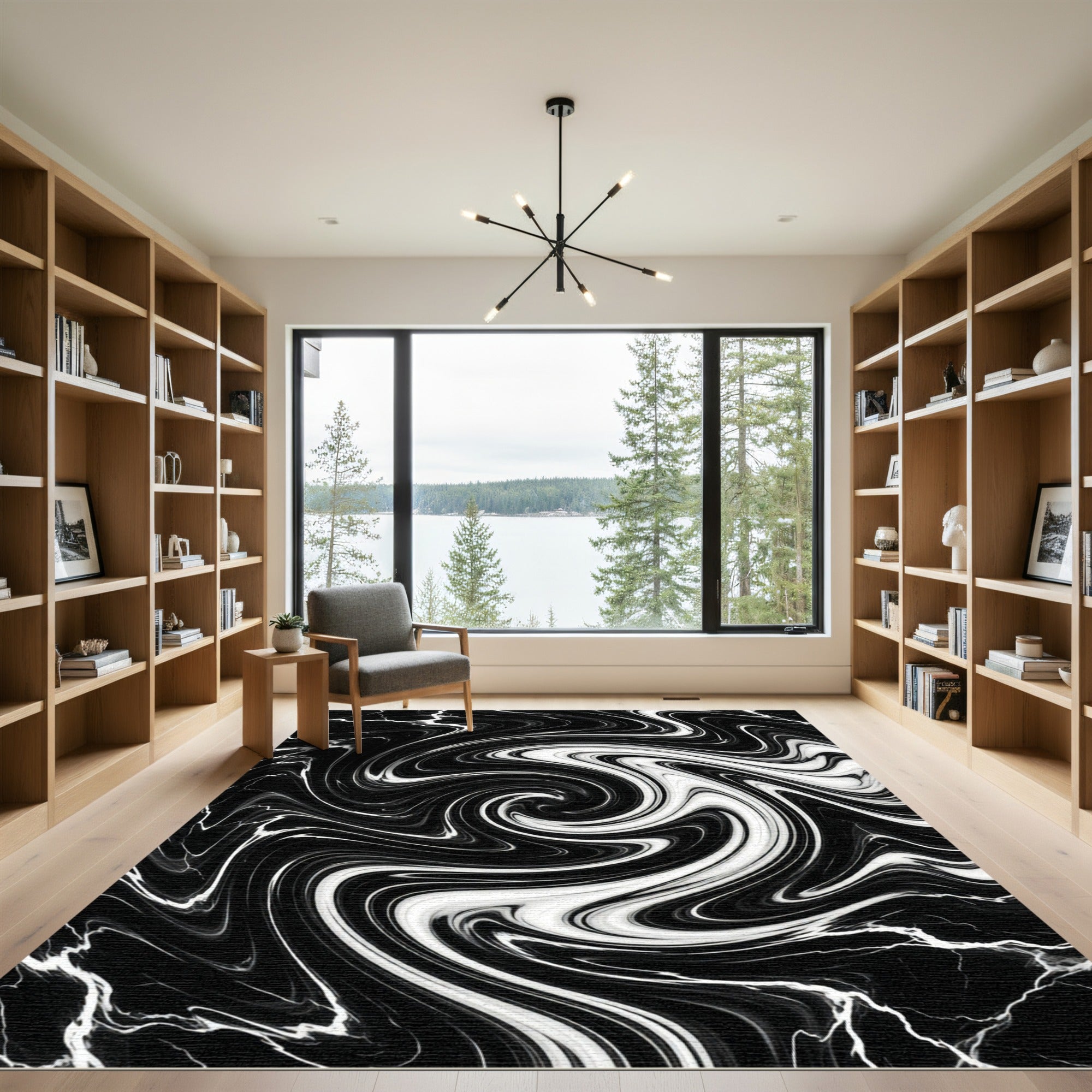 Black White Swirling Marbled Rug