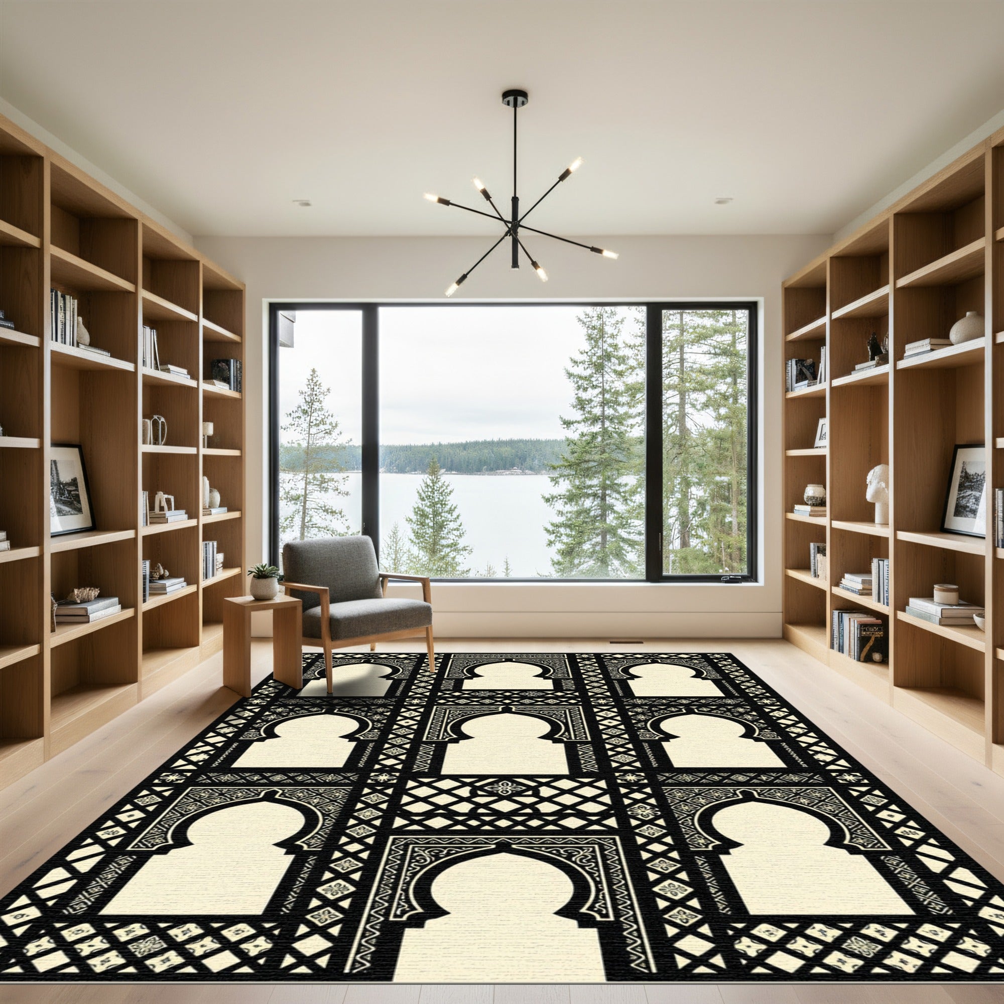 Black and Cream Geometric Arch Tapestry Rug