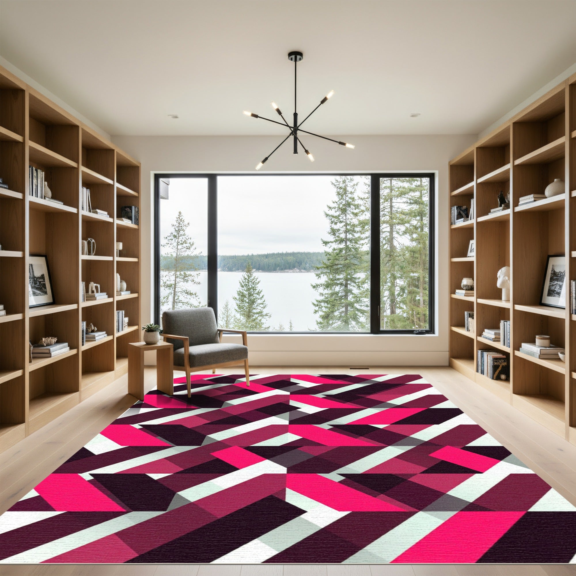 Modern Magenta Abstract Geometric Chevron Rug