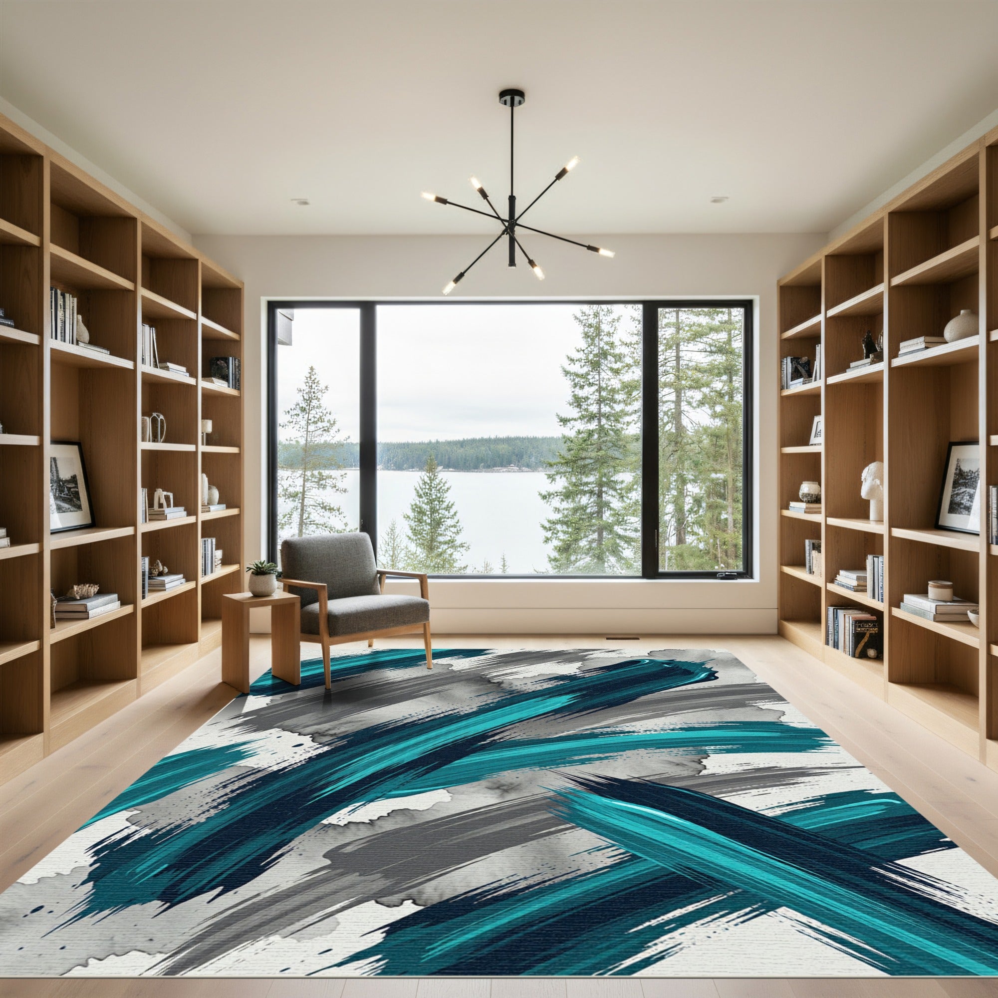 Aqua Teal Navy Brush Strokes Rug