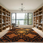 Ornate Golden Arabesque Lattice Black Relief Rug