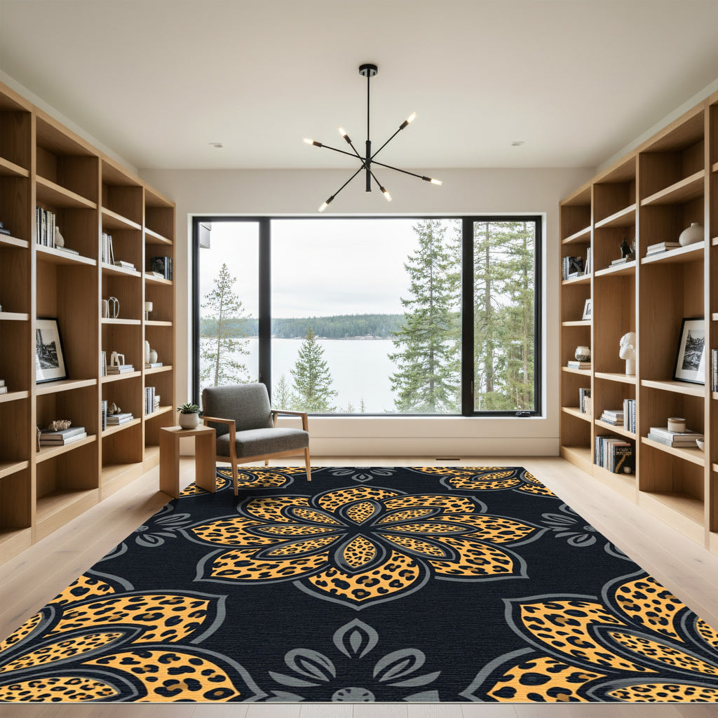 Golden Leopard Floral Mandala Rug