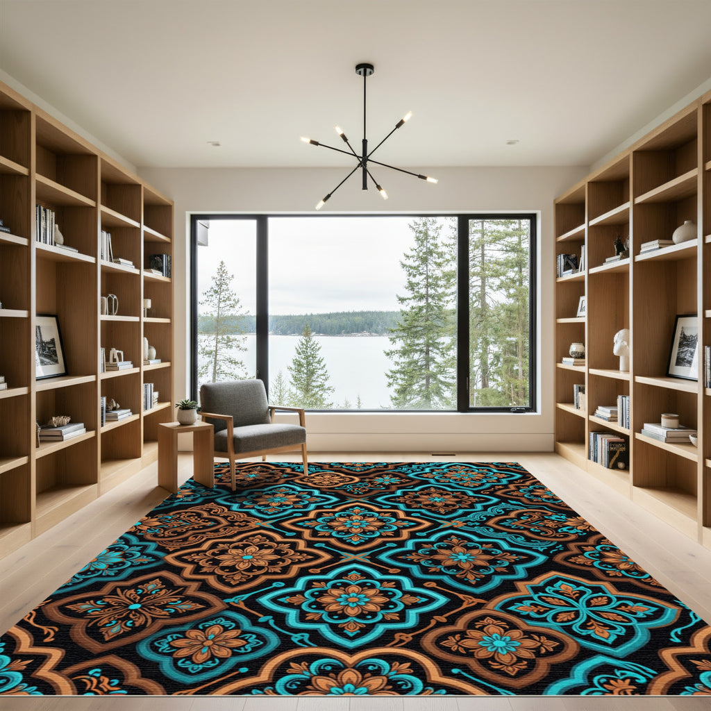 Earthy Teal Floral Damask Medallion Rug