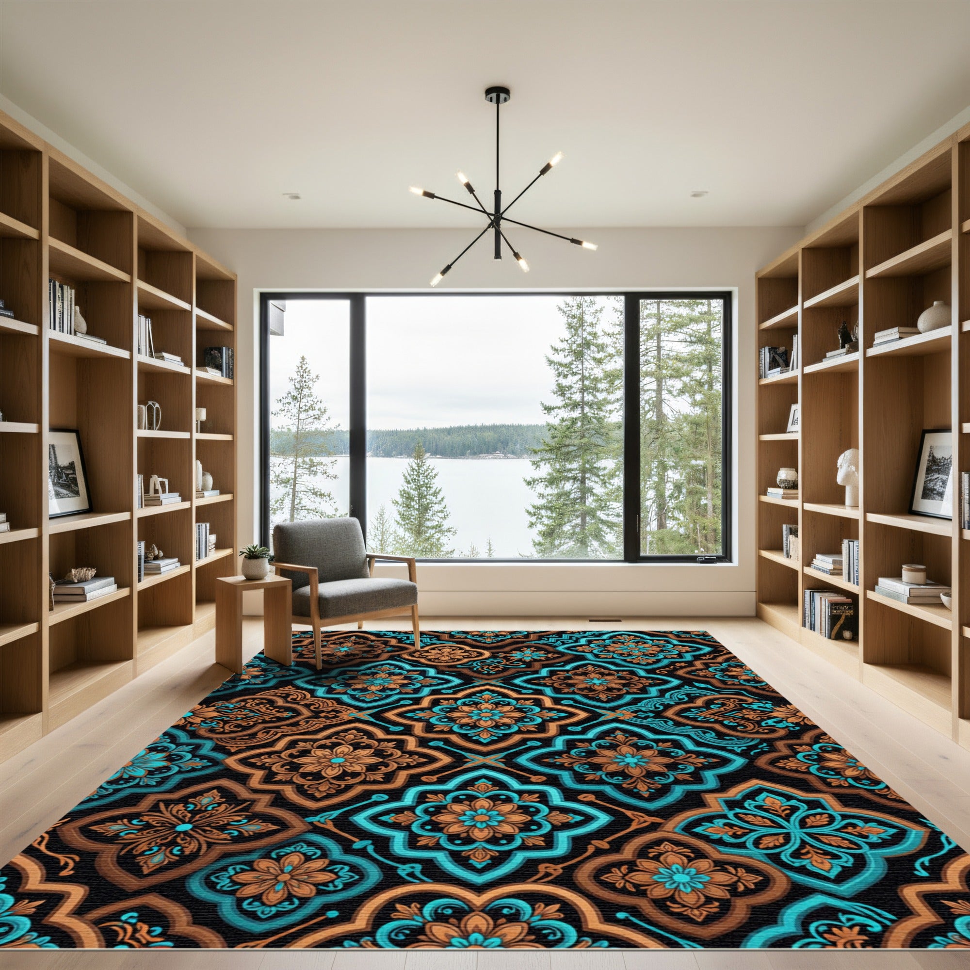 Earthy Teal Floral Damask Medallion Rug
