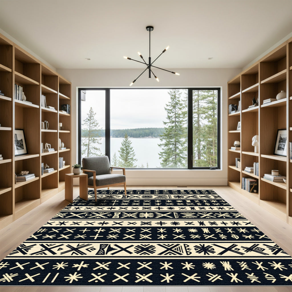 Ethnic Black Cream Geometric Stripe Rug