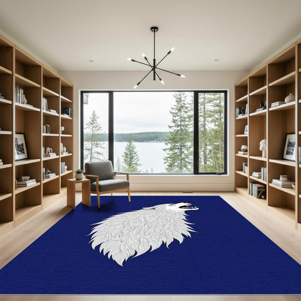 White Howling Wolf Deep Blue Rug