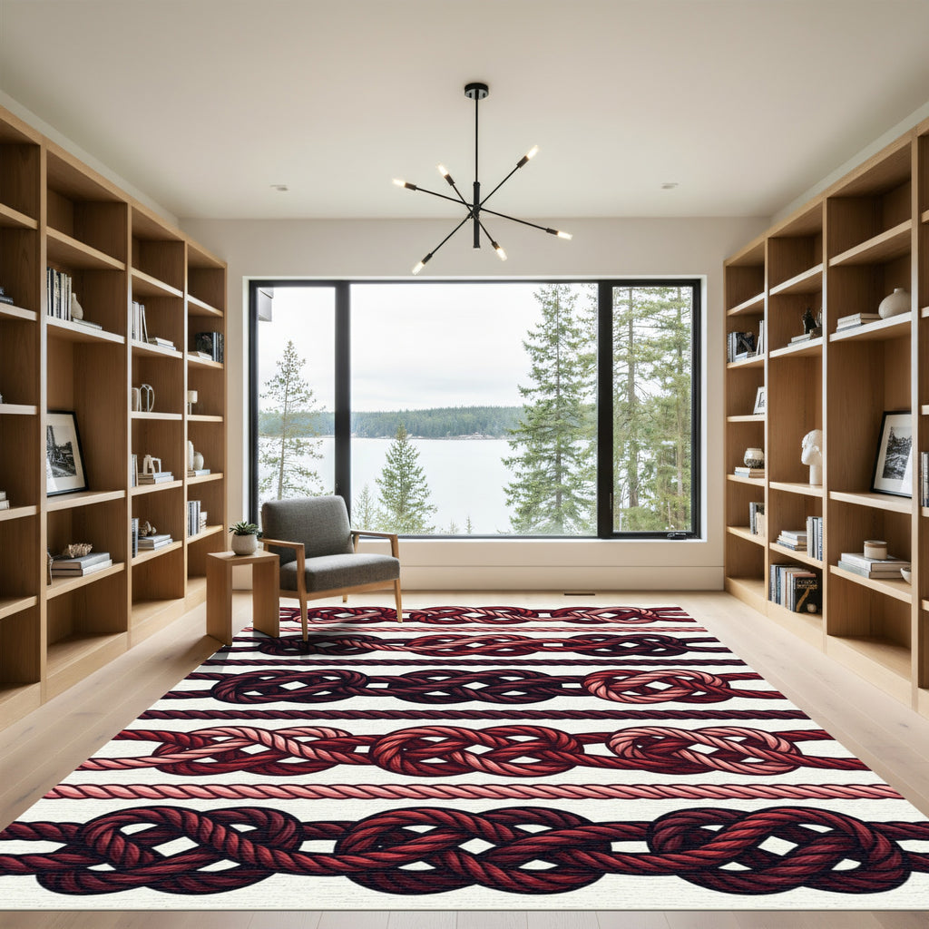 Red Rope Knot Nautical Stripes Rug