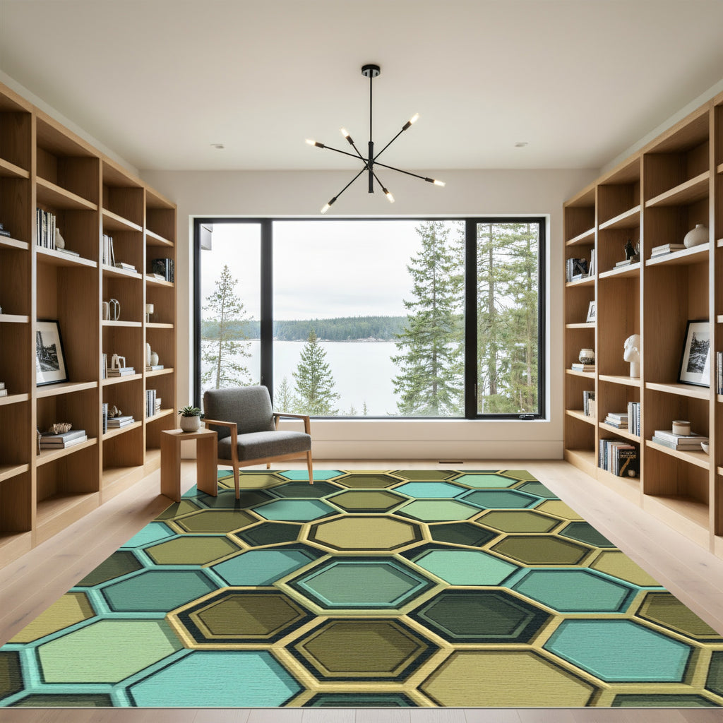 Earthy Blue Green Hexagon Grid Rug
