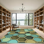 Earthy Blue Green Hexagon Grid Rug