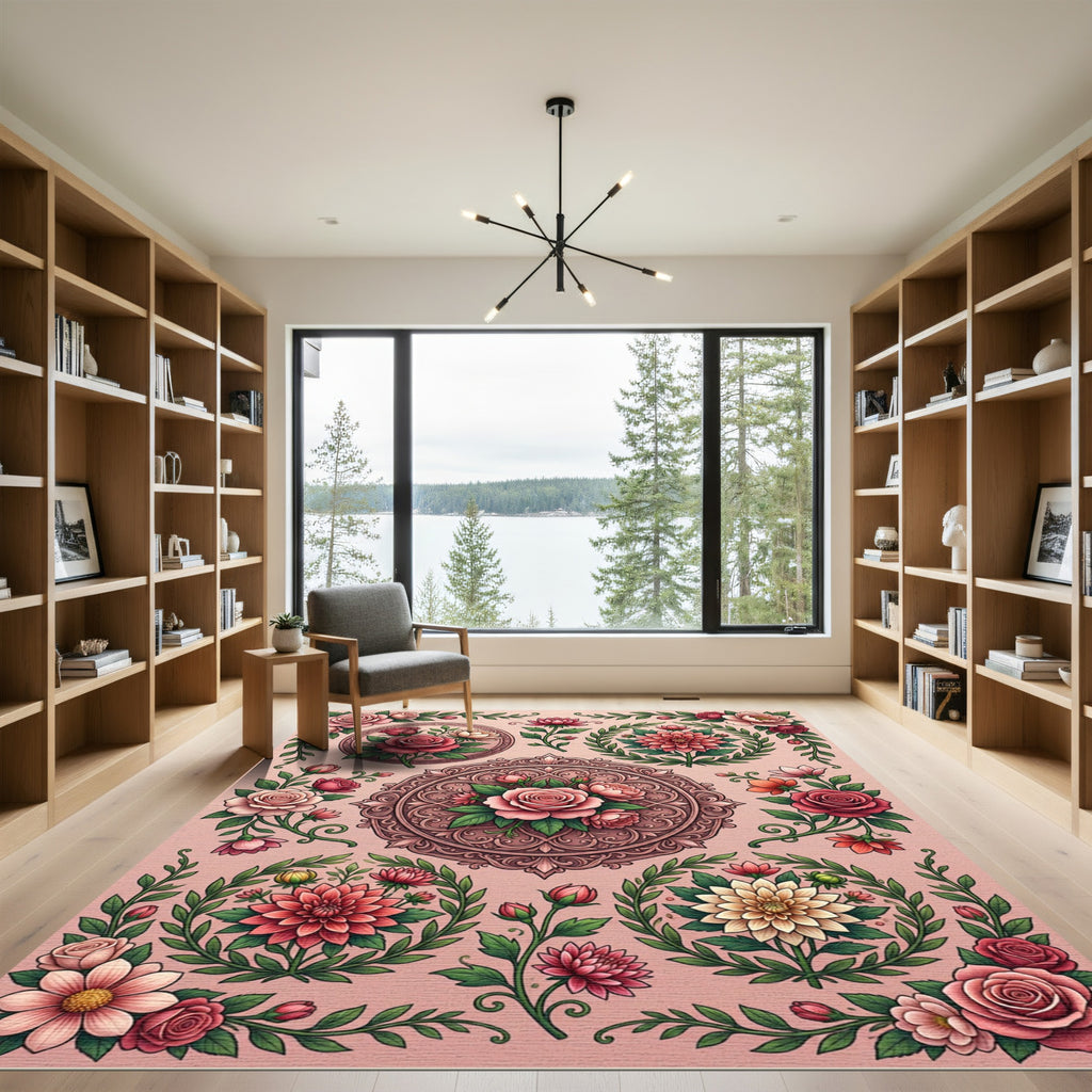 Floral Medallion Garland Rose Arrangement Rug