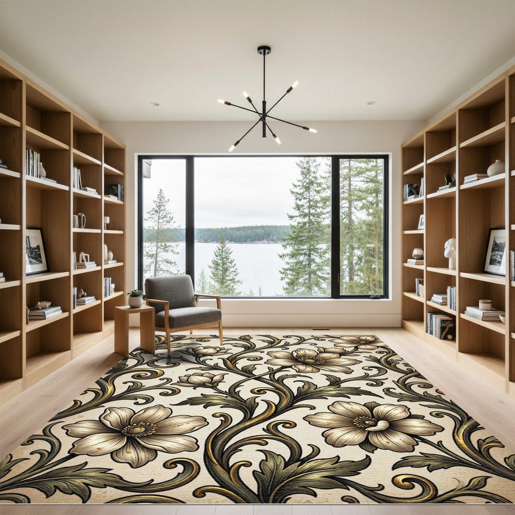 Vintage Cream Floral Golden Vine Scroll Rug
