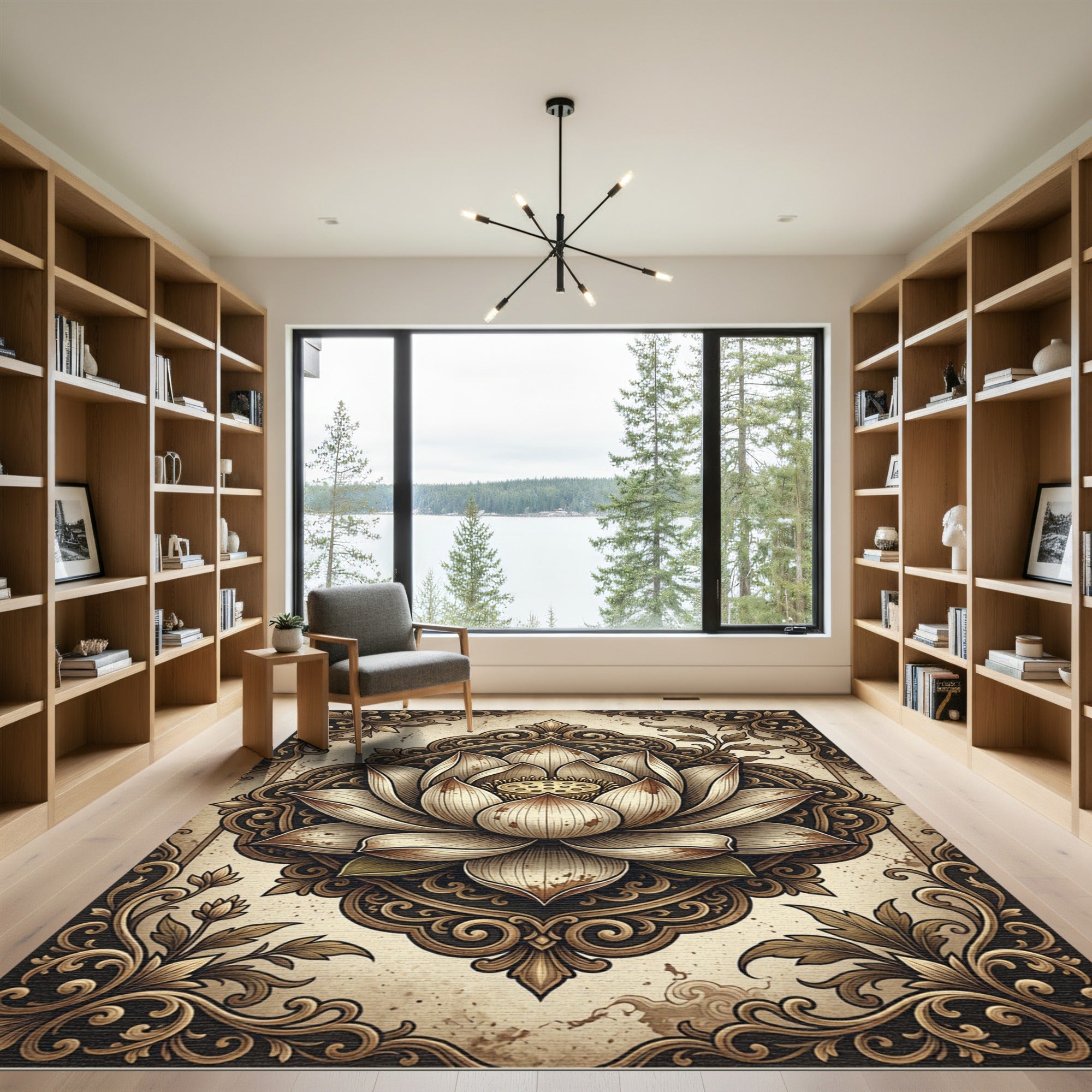 Elegant Vintage Sepia Lotus Medallion Rug