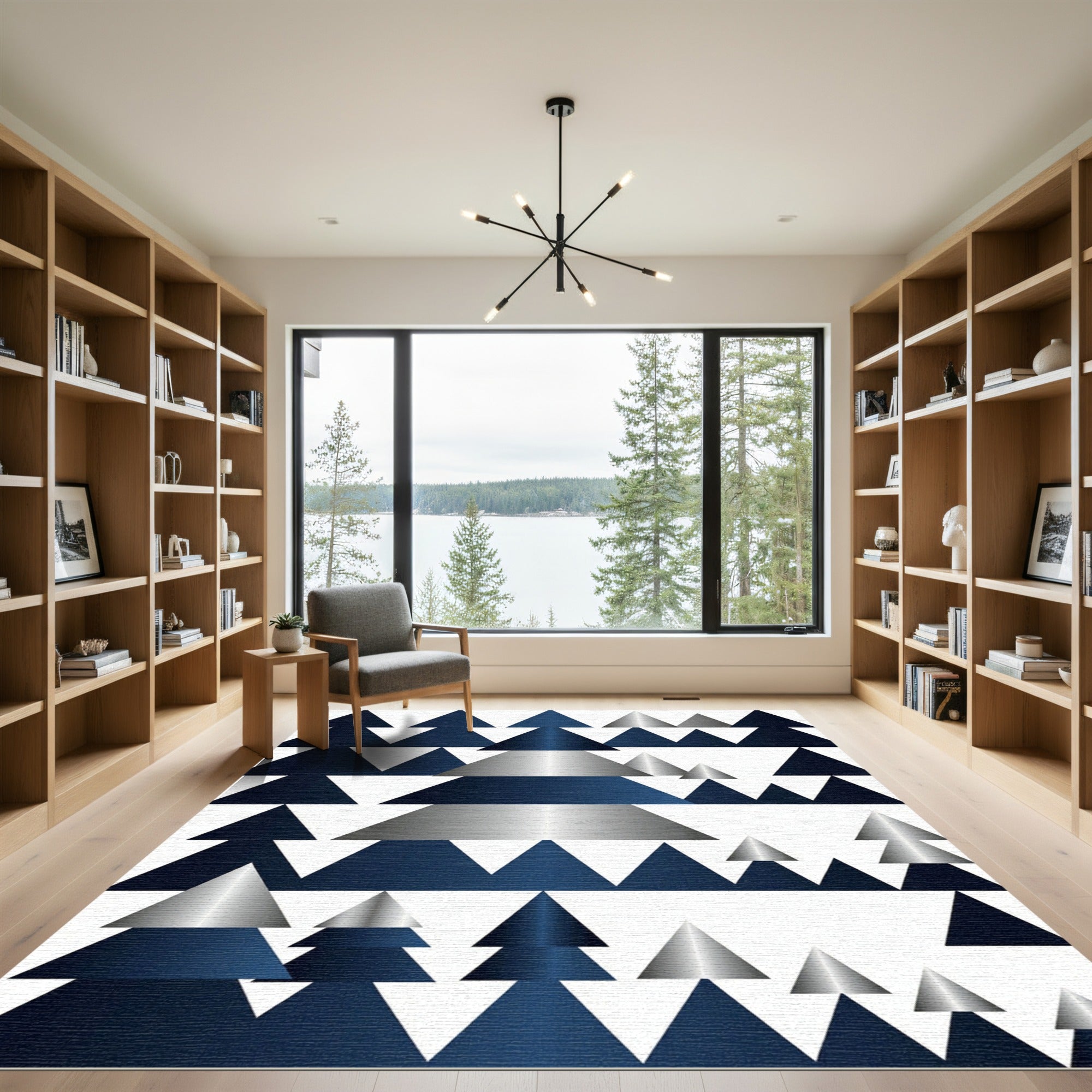 Geometric Metallic Blue Forest Triangle Abstract Rug