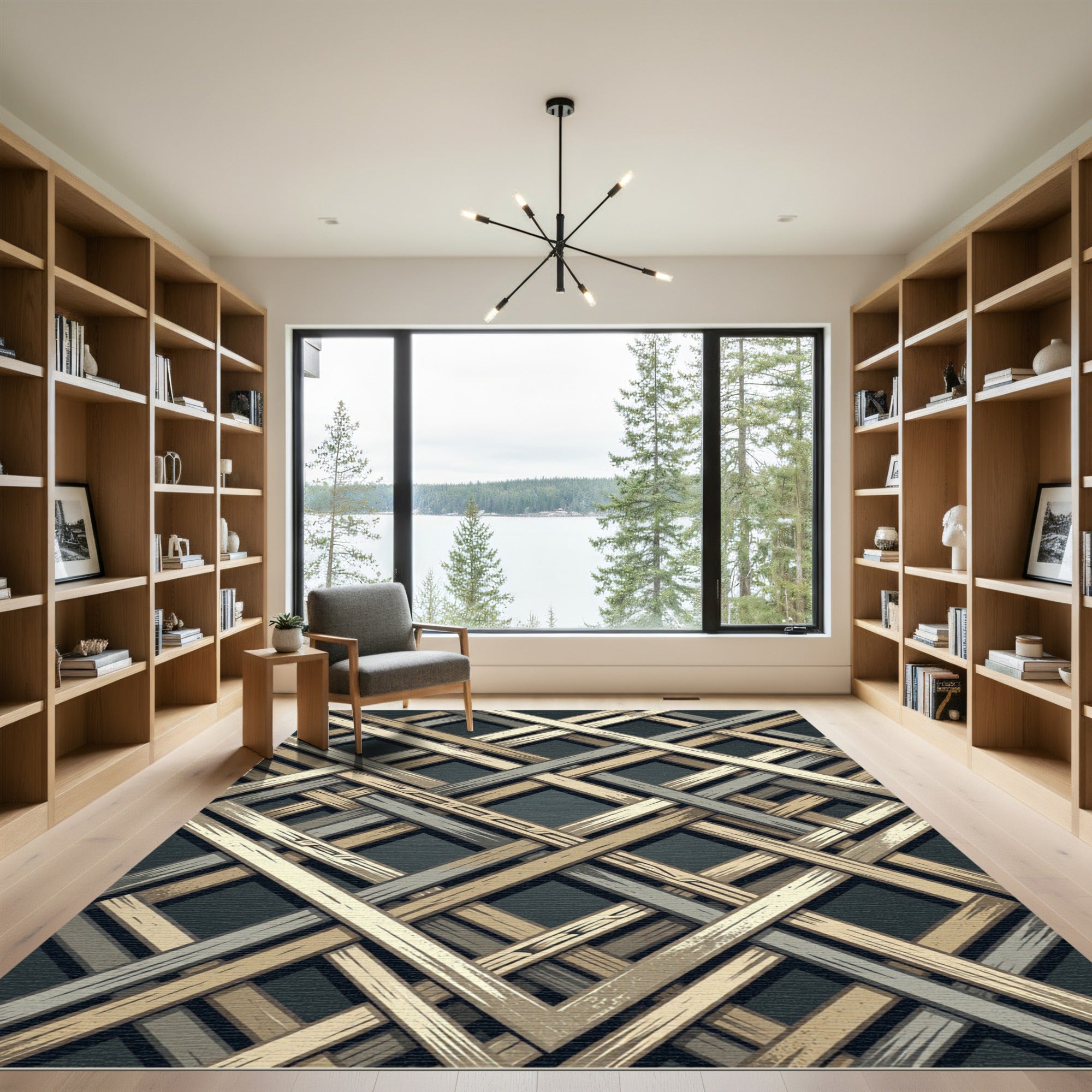 Interlocking Neutral Toned Geometric Lattice Rug