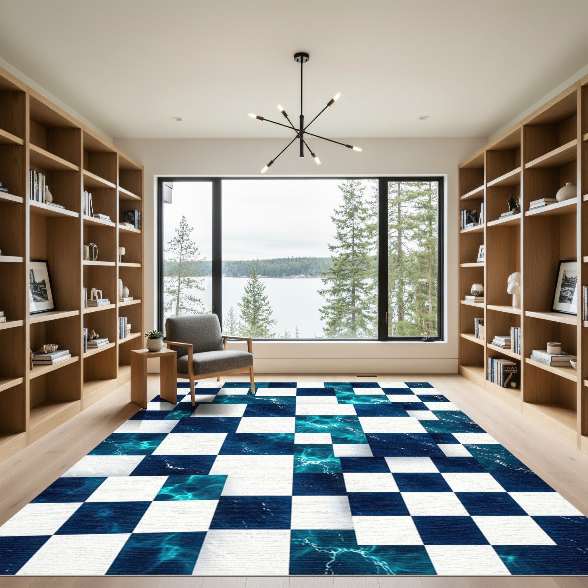 Deep Blue Abstract Geometric Wave Rug