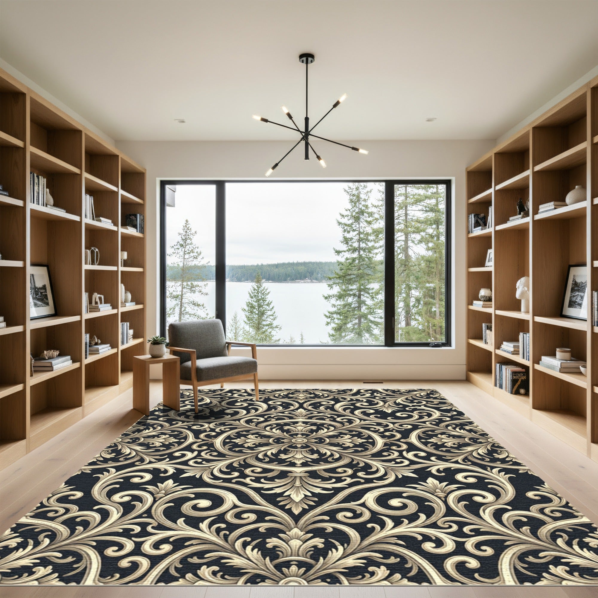 Ornate Ivory Acanthus Scrollwork Rug