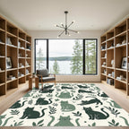 Whimsical Forest Green Botanical Cat Illustration Rug