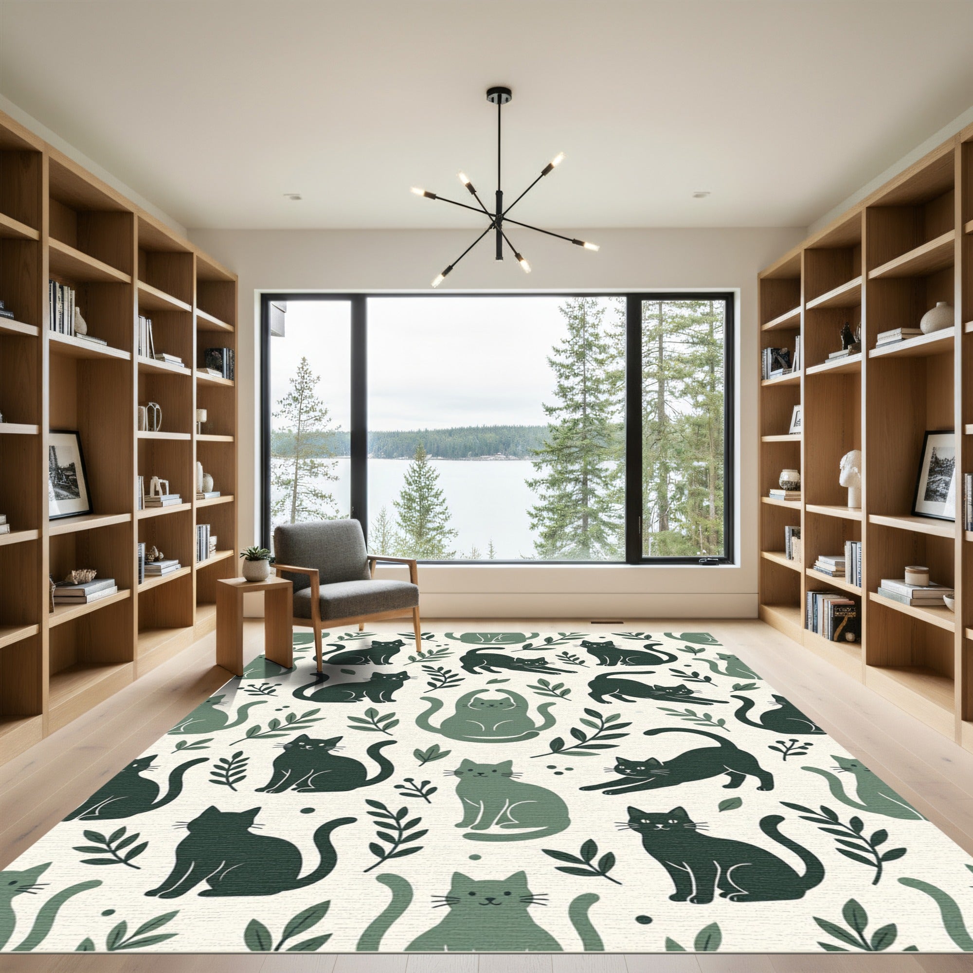 Whimsical Forest Green Botanical Cat Illustration Rug