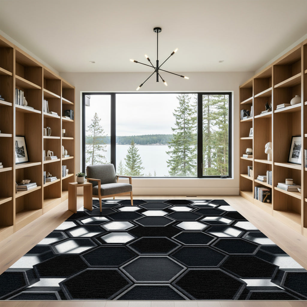 Black White Hexagon Interlocking Art Rug