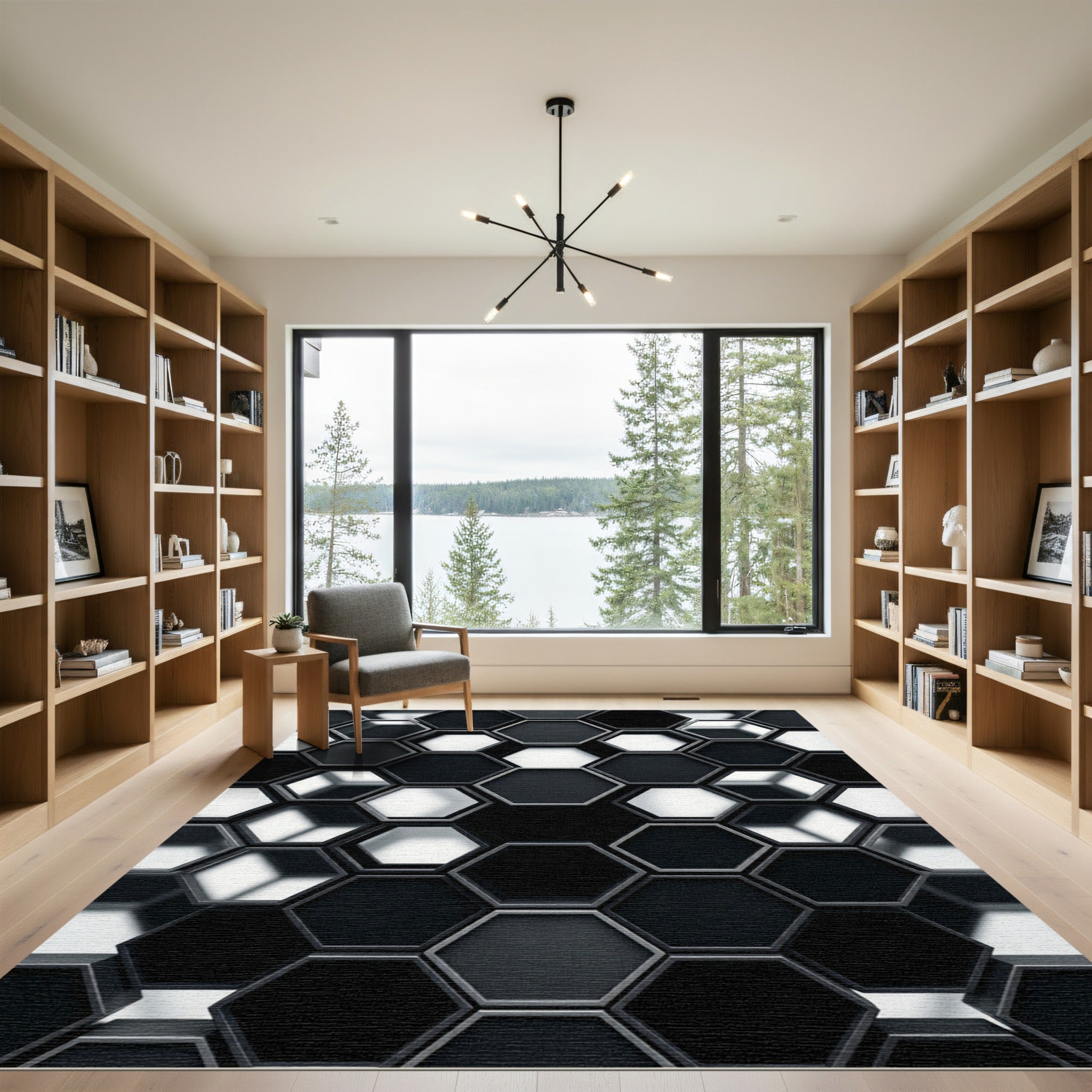 Black White Hexagon Interlocking Art Rug