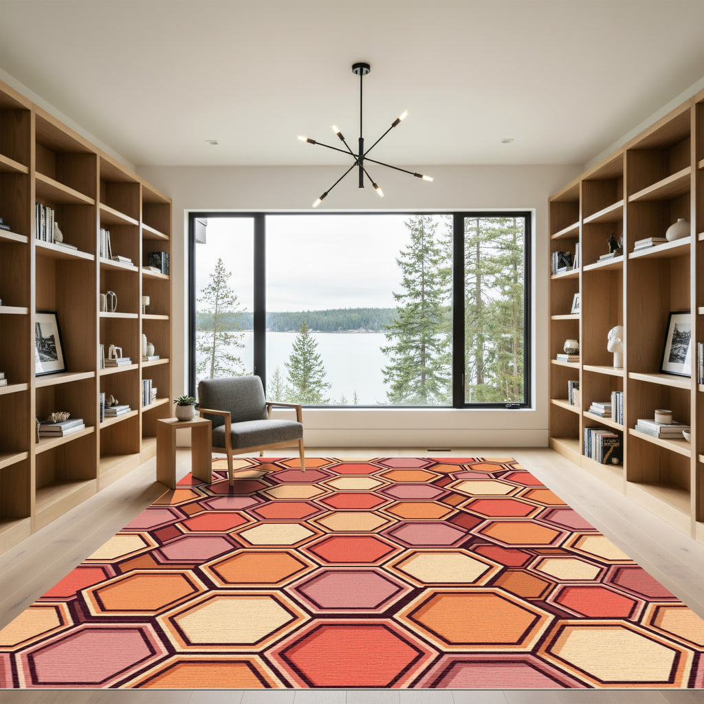 Warm Tone Hexagonal Geometric Abstraction Rug