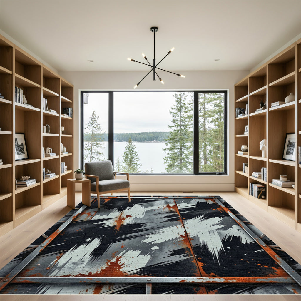 Industrial Black White Grunge Steel Art Rug
