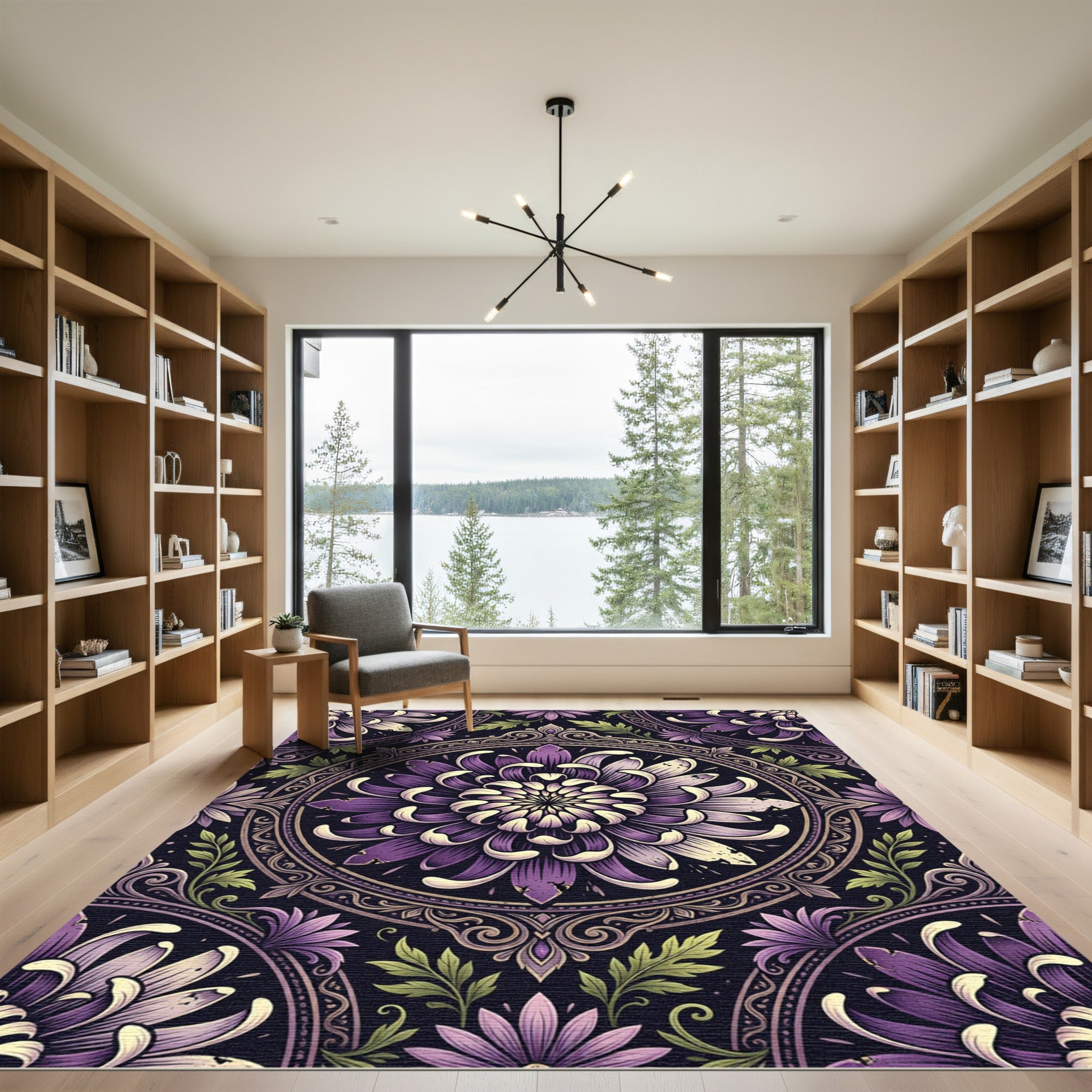 Elegant Purple Chrysanthemum Medallion Circular Art Rug