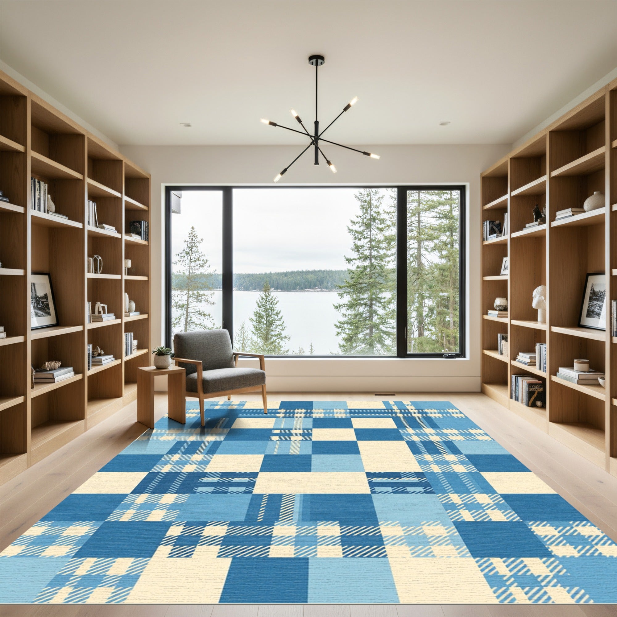 Blue Geometric Plaid Checkered Block Rug
