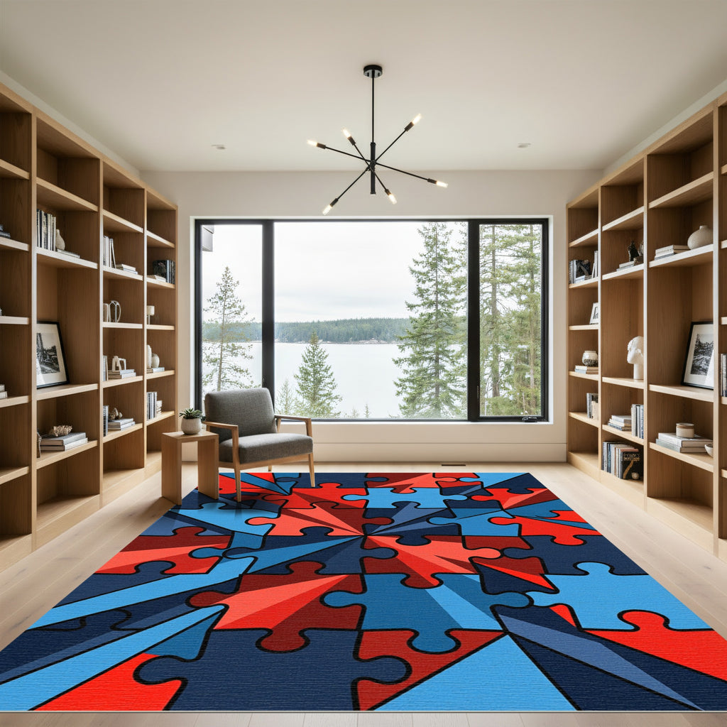 Abstract Jigsaw Puzzle Red Blue Burst Rug