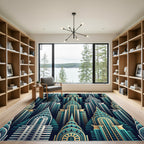 Art Deco Teal Gold Skyline Buildings Rug