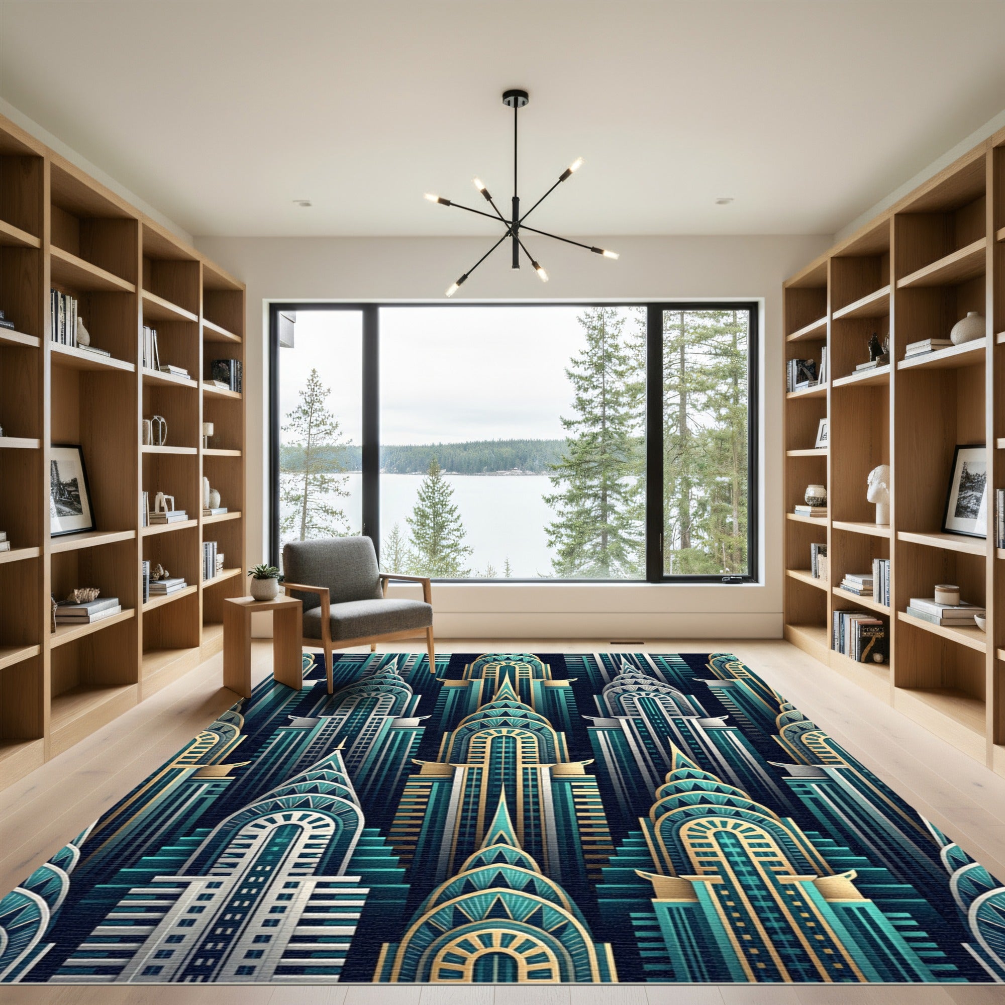 Art Deco Teal Gold Skyline Buildings Rug